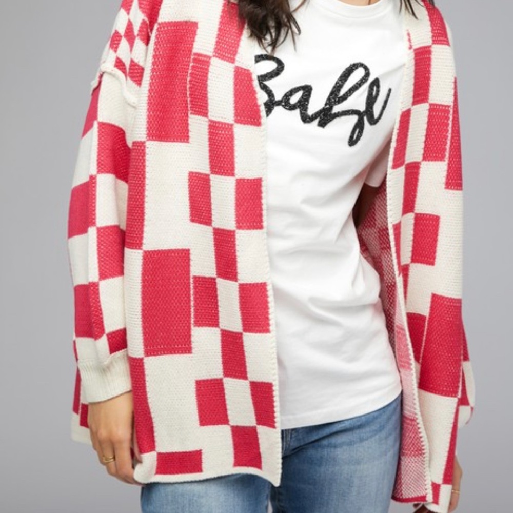 Red checkered cardigan